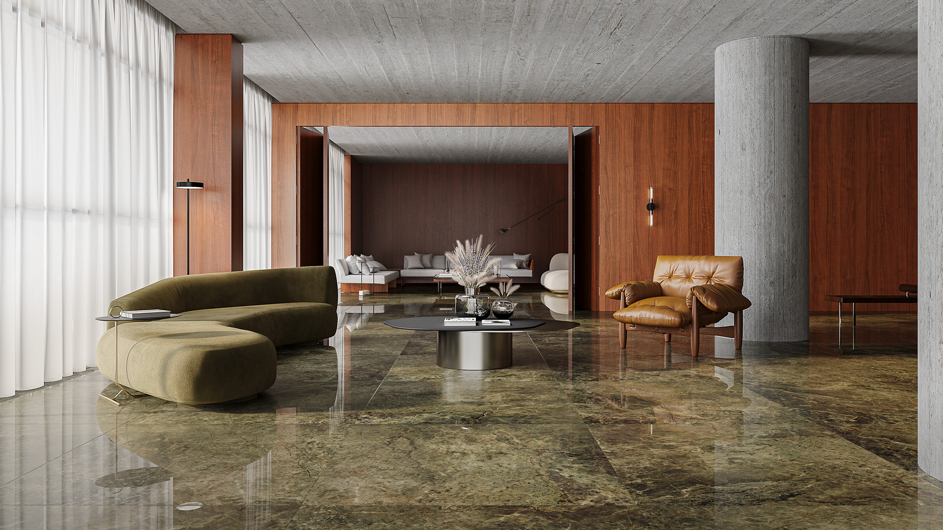 Sala ampla com porcelanato polido de efeito marmorizado verde